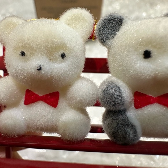 Avon Teddy Bear Collection Ornaments on bench with Red Bows - Picture 2 of 16